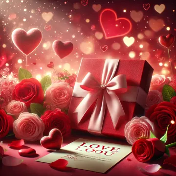 Escena romántica de San Valentín con corazones y rosas Escena temática de San Valentín con fondo rojo y rosado, corazones, rosas, un regalo con cinta y una carta de amor rodeados de pétalos.